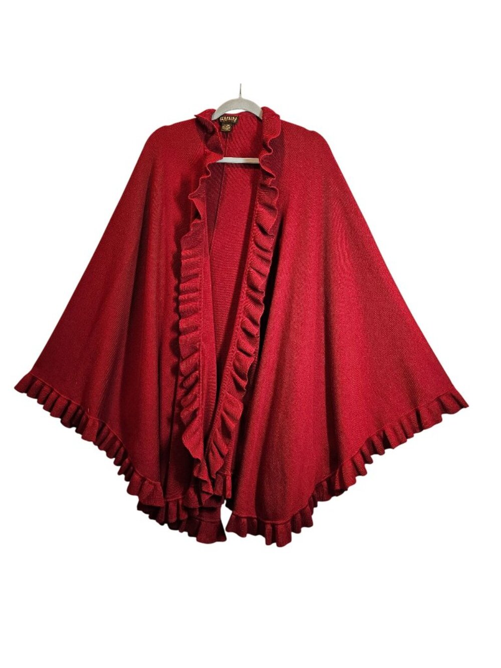 Georciou Womens Wool blend Red Ruffled Knit Cape Shawl tight knit elegant office